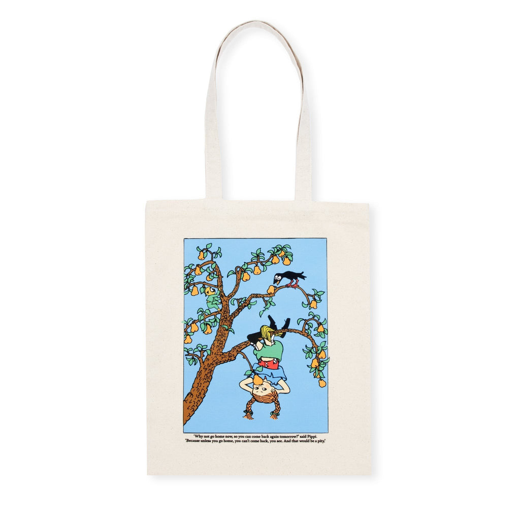 4. Studio image of Pippi Tote Bag - Upside Down by Moomin, back view with Pippi Longstocking tree scene in natural white heavy cotton