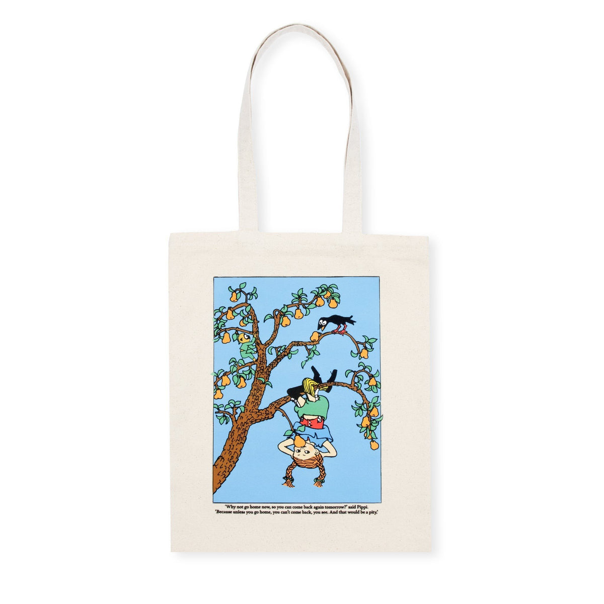 4. Studio image of Pippi Tote Bag - Upside Down by Moomin, back view with Pippi Longstocking tree scene in natural white heavy cotton