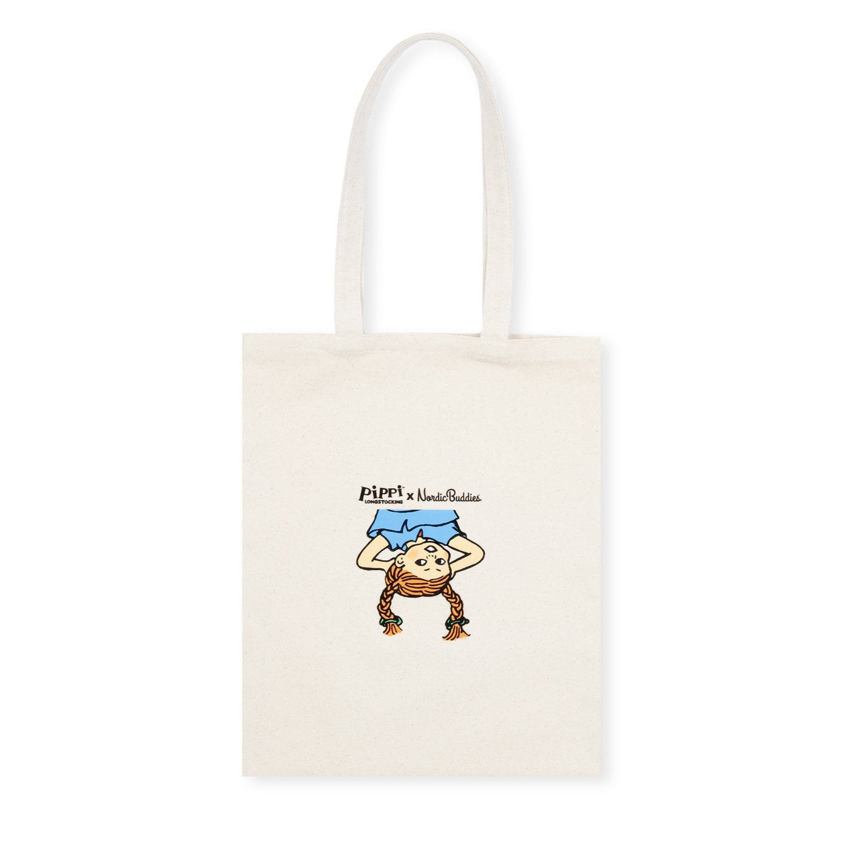 3. Studio image of Pippi Tote Bag - Upside Down by Moomin, front view with Pippi Longstocking design in natural white heavy cotton