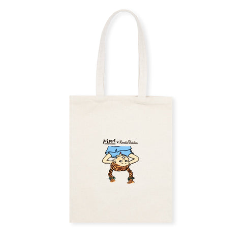 3. Studio image of Pippi Tote Bag - Upside Down by Moomin, front view with Pippi Longstocking design in natural white heavy cotton