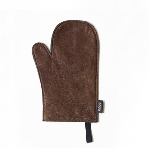 5. Brown leather oven mitten with textured surface and KOOS label, shown on white background
