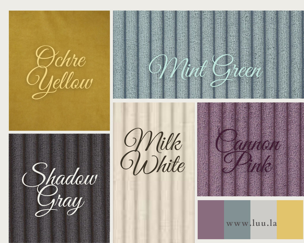 14. Color swatch chart for Luula play mats in ochre yellow, mint green, milky white, cannon pink, and shadow gray