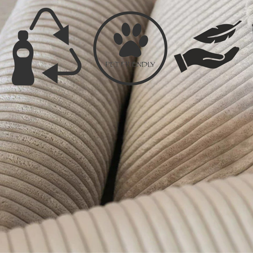 12. Close-up of Luula play mat fabric with pet-friendly and easy-clean icons