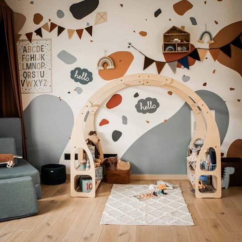 2. Montessori play stand in a colorful children's room with wall decorations and toys