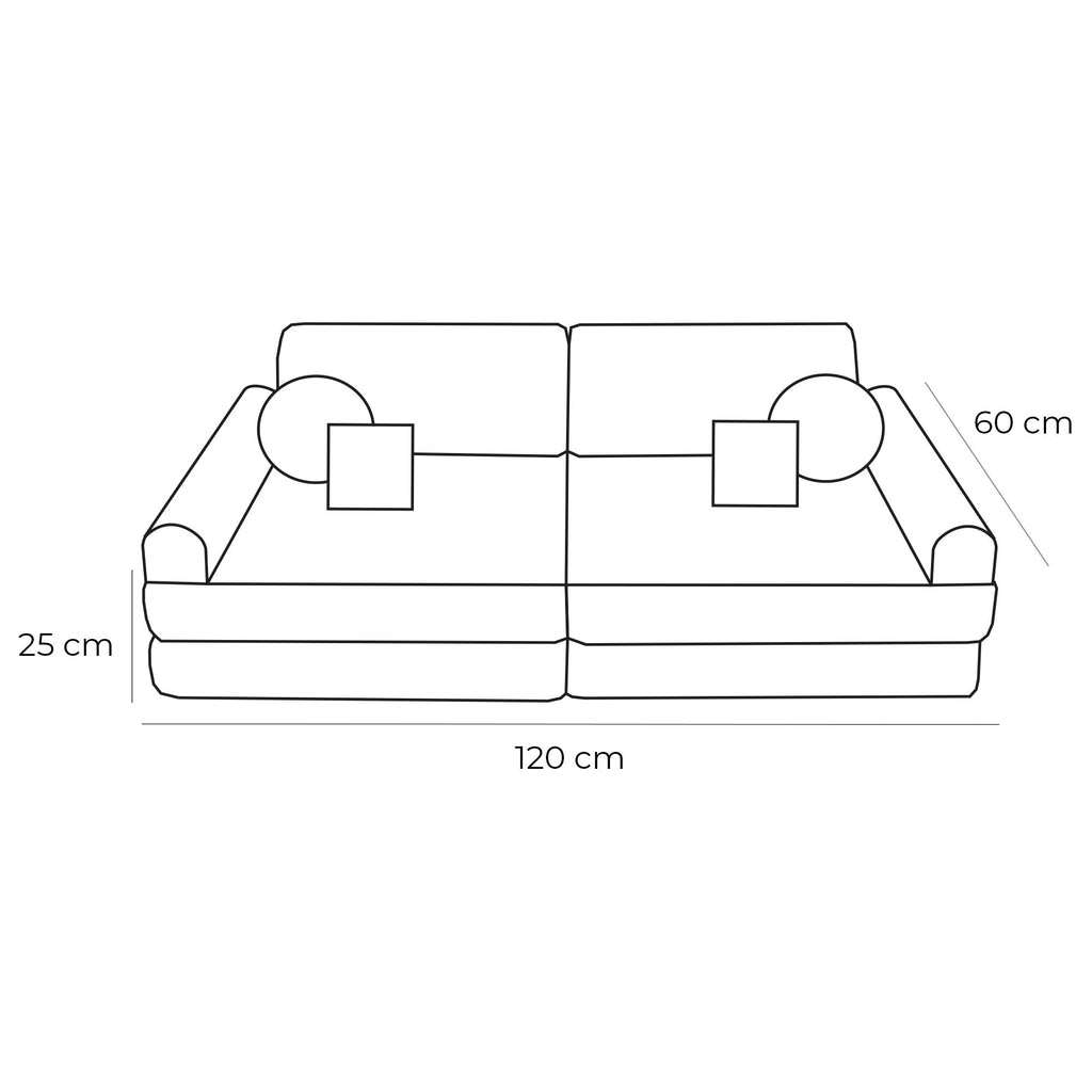 5. Size chart for children's modular sofa showing dimensions: 120 cm width, 60 cm height, 25 cm depth