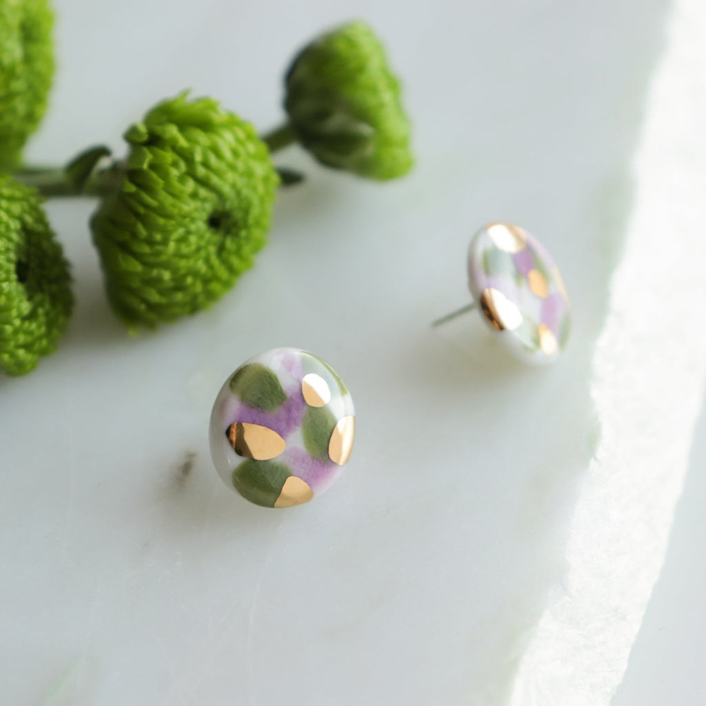 6. Rozenthal Porcelain Tache Studs in green and violet with floral accents, highlighting hand-painted design