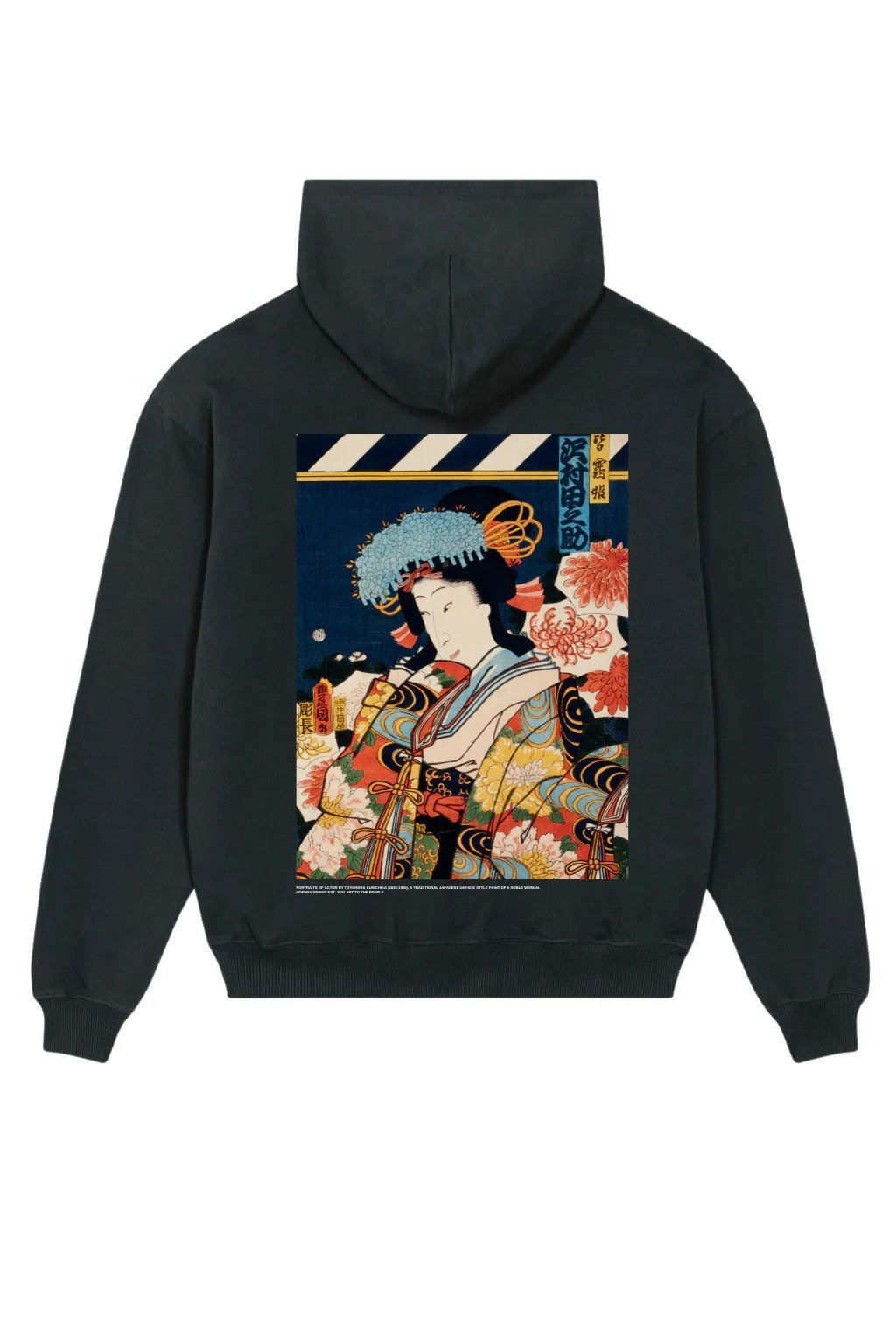 1. Black Hopera hoodie featuring Toyohara Kunichika's Ukiyo-e art on the back, shown in studio