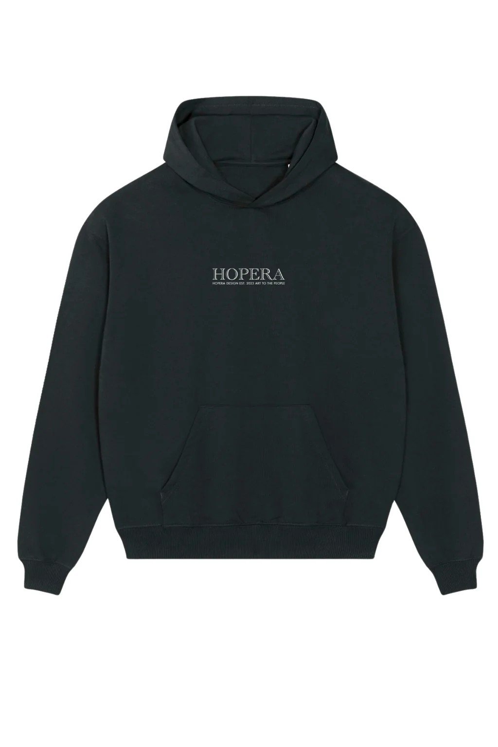 3. Front view of black Hopera hoodie with logo, featuring kangaroo pocket and double layered hood