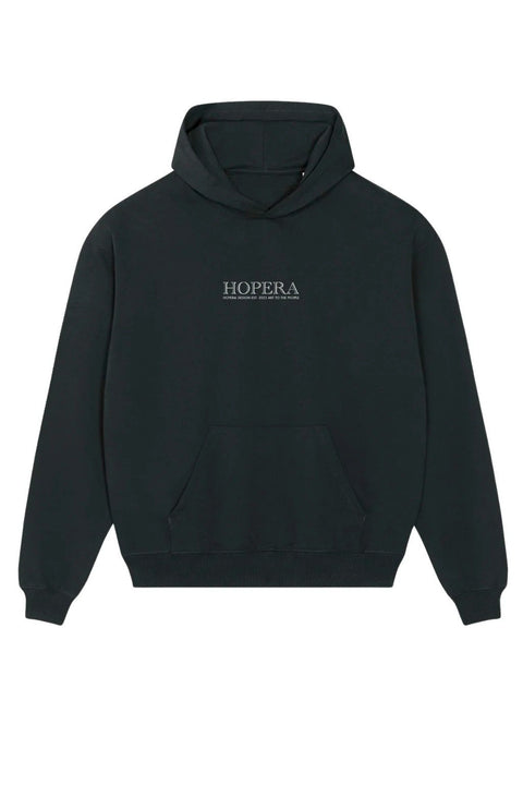 3. Front view of black Hopera hoodie with logo, featuring kangaroo pocket and double layered hood
