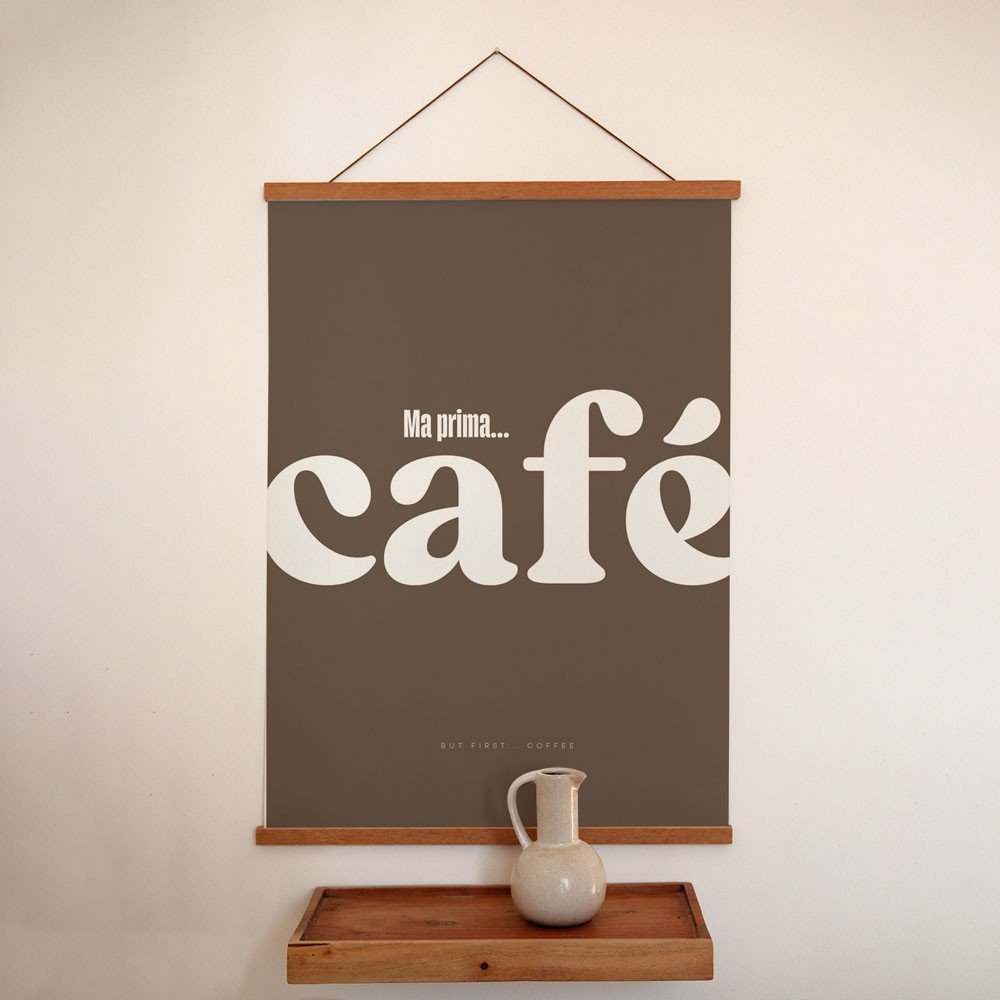 1. Minimalist Cafe poster with Italian typography hanging on a wall above a wooden shelf with a ceramic jug