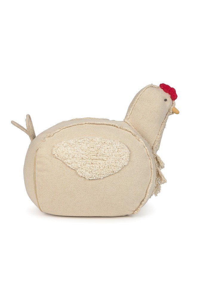 2. Beige chicken-shaped pouf with fringes and woven hen's head, shown in studio setting