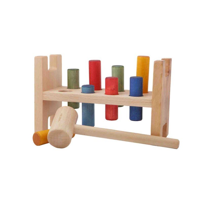 2. Wooden Story pounding bench with colorful pegs and hammer on white background