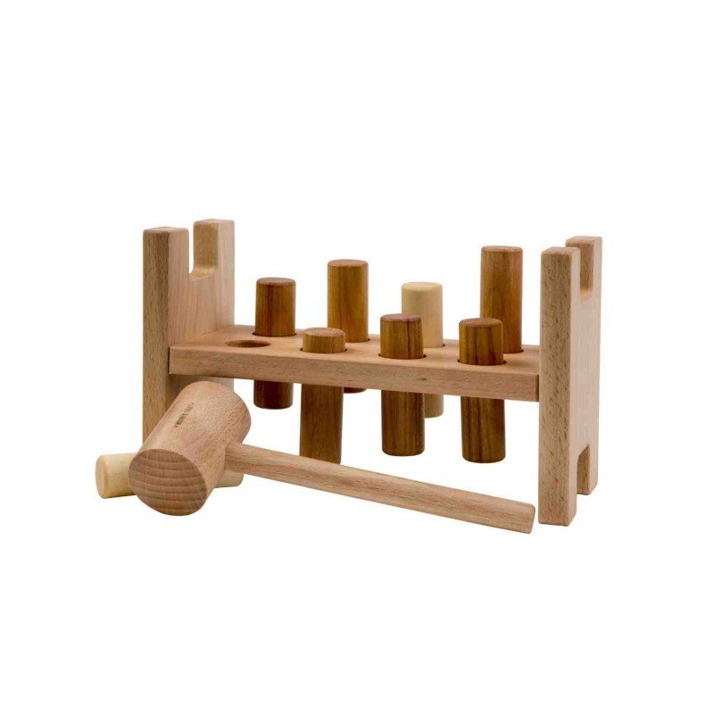 2. Wooden Story Pounding Bench with natural wood finish and wooden hammer, featuring colorful pegs on a white background