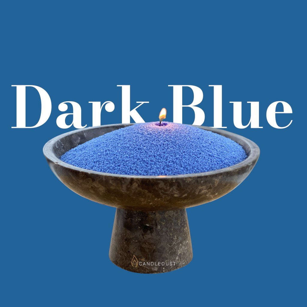 3. Close-up of dark blue Candledust in a bowl with a lit wick, text 'Dark Blue' on a blue background