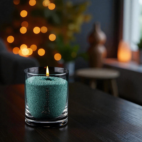 1. Lit Candledust emerald powdered candle in a glass container on a dark wooden table with blurred lights in the background