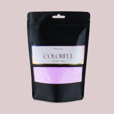 1. Candledust powdered candle refill kit in light lilac, unscented, 330g, in black packaging with colorful label on soft pink background