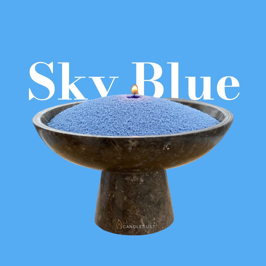 1. Sky blue powdered candle in a decorative bowl with a lit wick, set against a blue background with 'Sky Blue' text