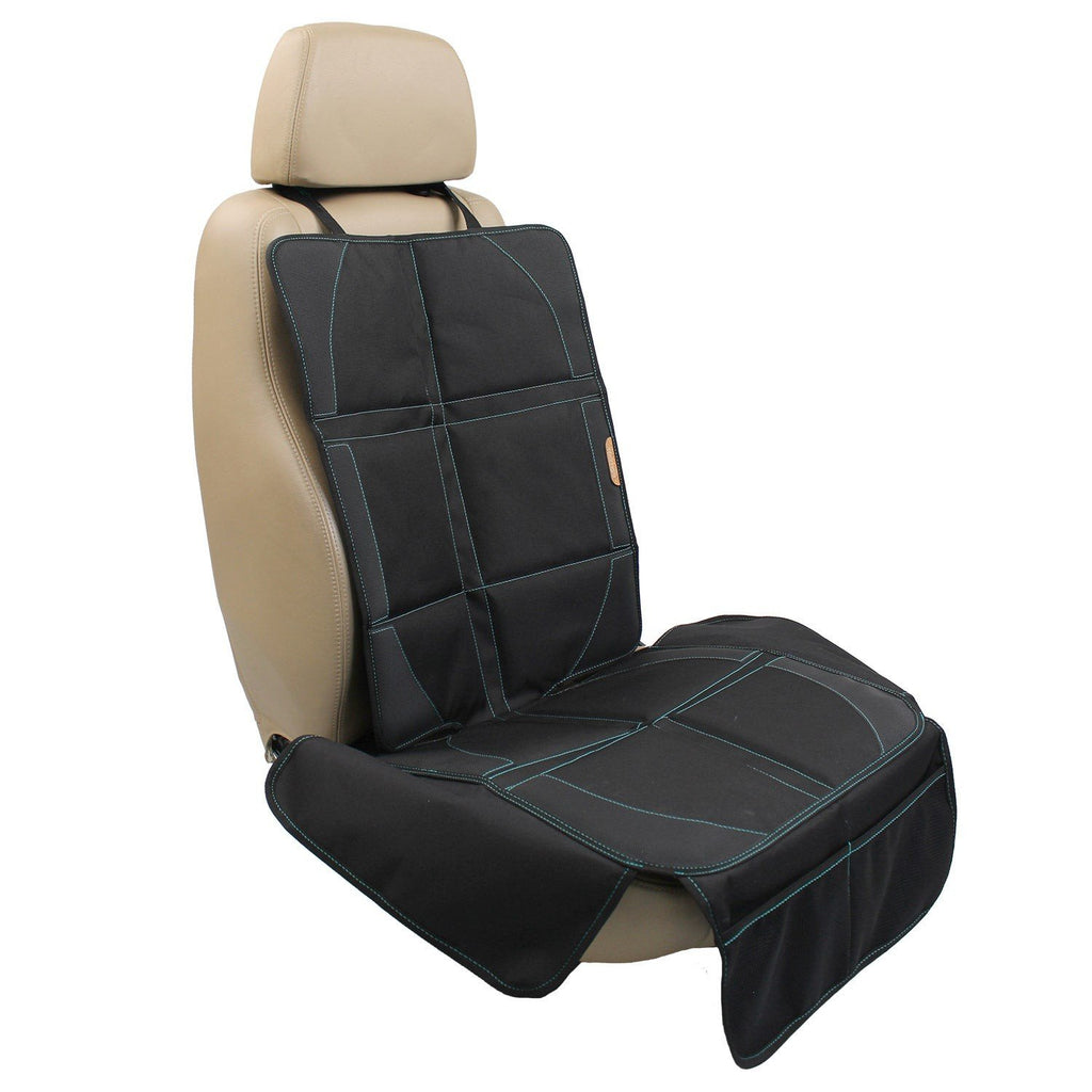 2. Black Ezimoov car seat protector with blue stitching on beige car seat, showing adjustable straps and full coverage
