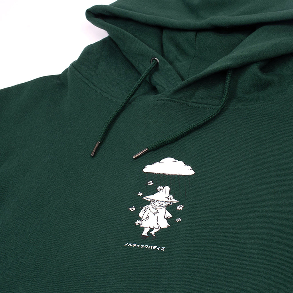 3. Close-up of green hoodie with Moomin character print and drawstring detail