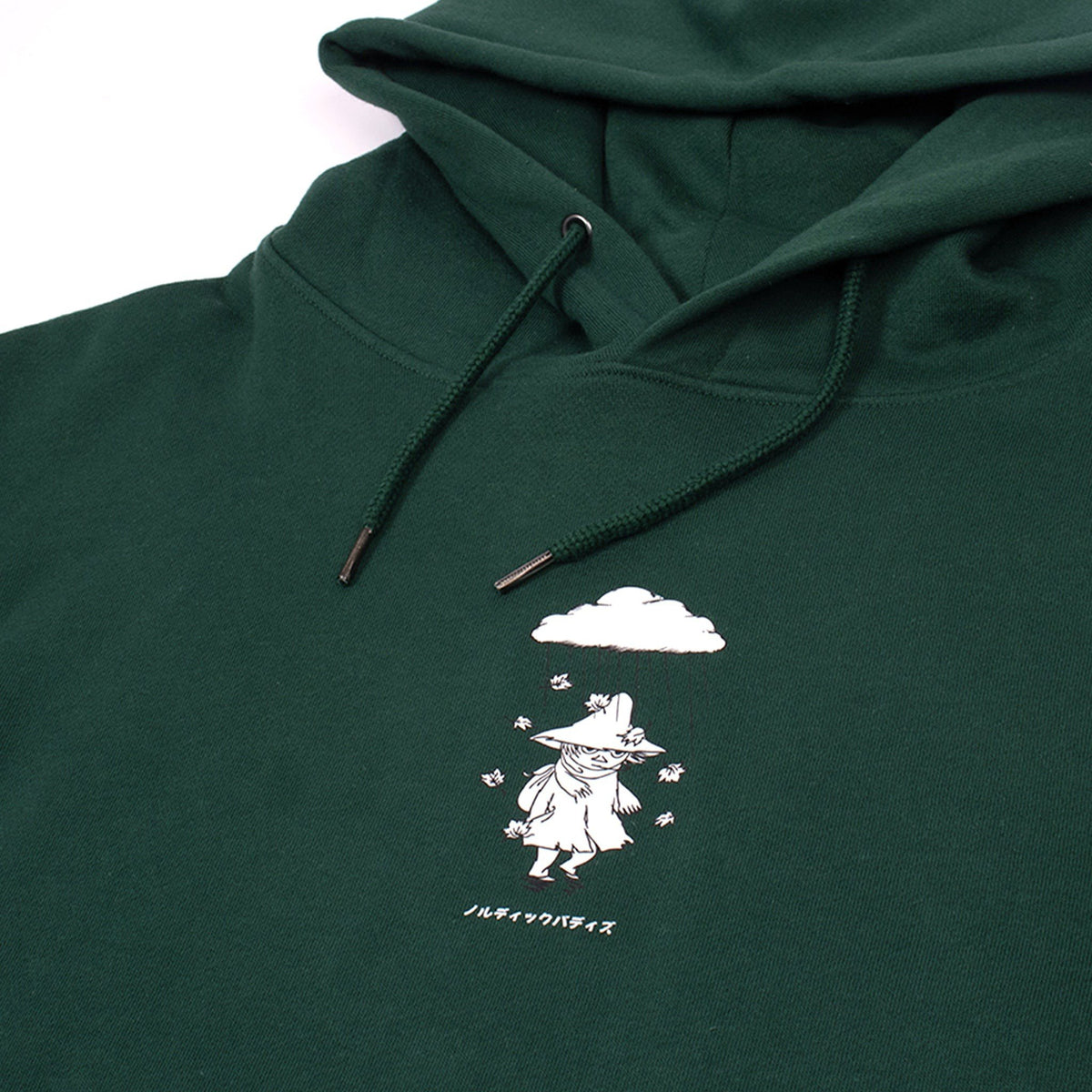 3. Close-up of green hoodie with Moomin character print and drawstring detail