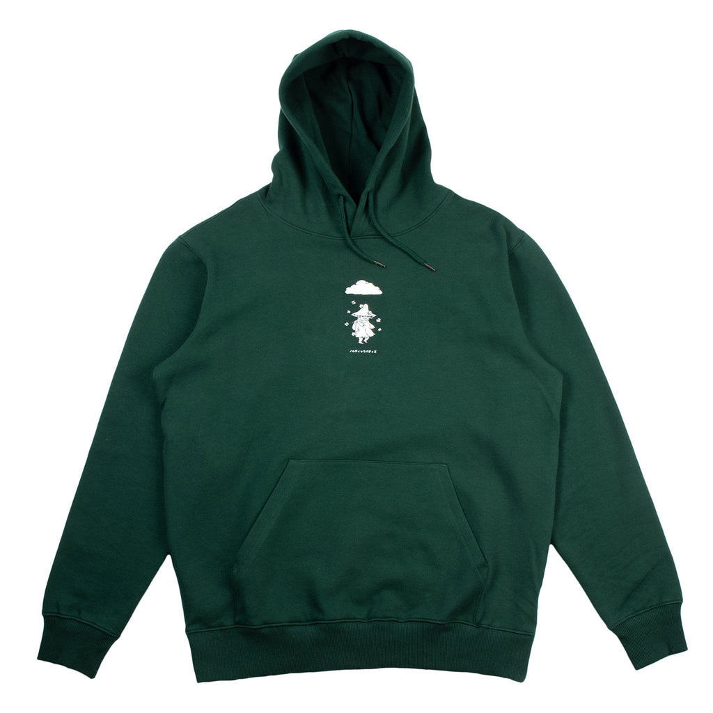 2. Green unisex hoodie with Moomin character print laid flat on white background