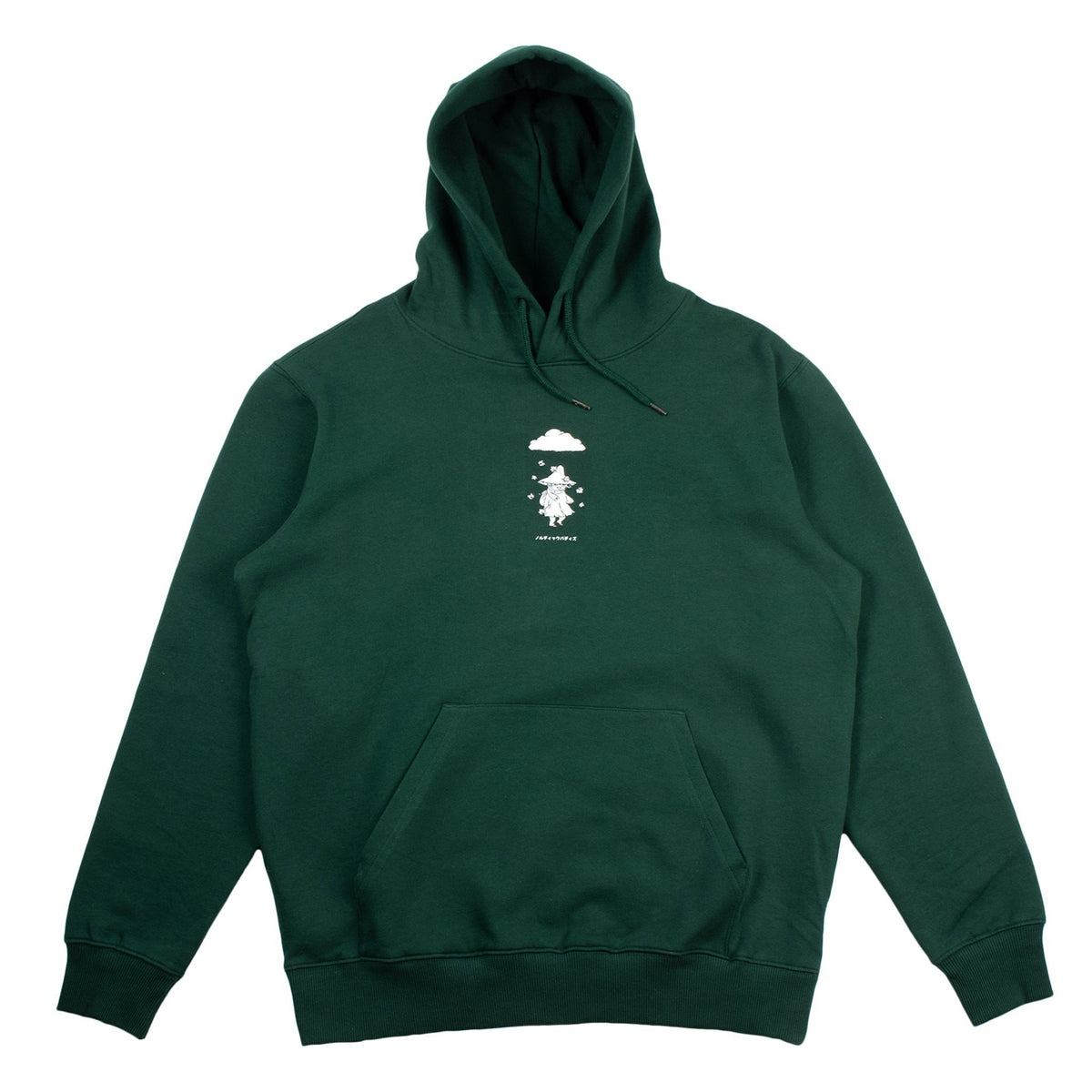 2. Green unisex hoodie with Moomin character print laid flat on white background