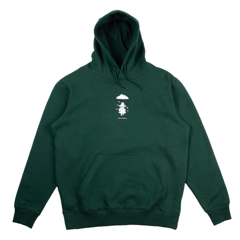2. Green unisex hoodie with Moomin character print laid flat on white background