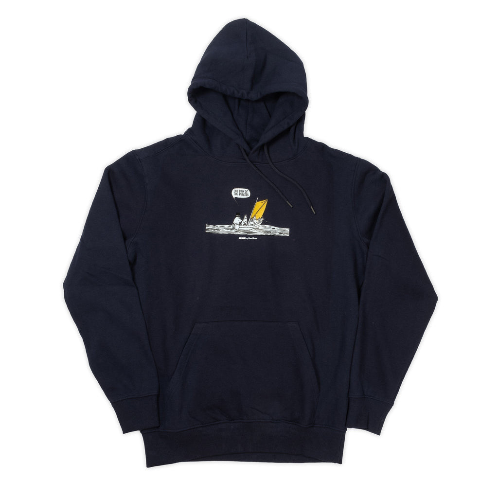 1. Unisex navy hoodie with Moomin graphic on chest, featuring characters in a boat with yellow sail, by NordicBuddies