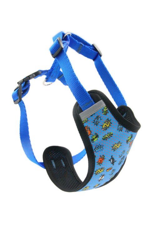 5. Side view of Matteo blue graffiti pressure-free harness highlighting adjustable straps and reflective elements