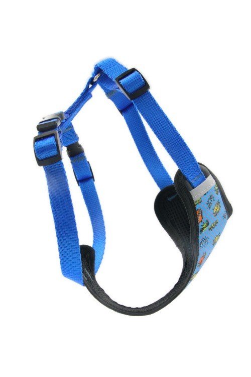 8. Back view of Matteo blue graffiti pressure-free harness highlighting strap adjustments
