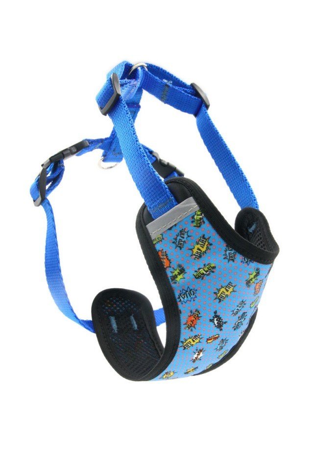 7. Side view of Matteo blue graffiti pressure-free harness showing strap details and graffiti print