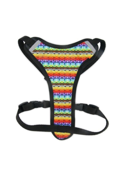 3. Front view of multi-colored dog harness with pixel pattern and black straps, highlighting design and structure