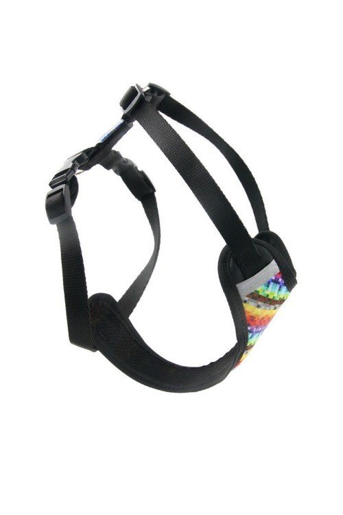 2. Side view of multi-colored dog harness with black straps and nickel-plated fittings, displayed in a studio