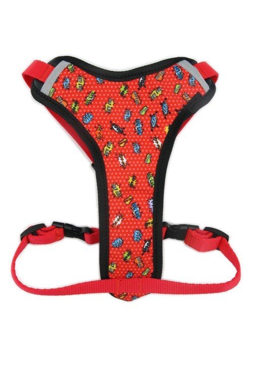 3. Flat lay of red graffiti dog harness highlighting polypropylene webbing and design