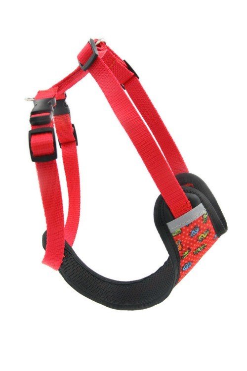 5. Detail of red graffiti dog harness showing reflective elements and strap buckles