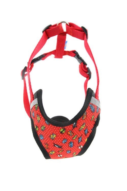 4. Front view of red graffiti dog harness with adjustable neck and head straps