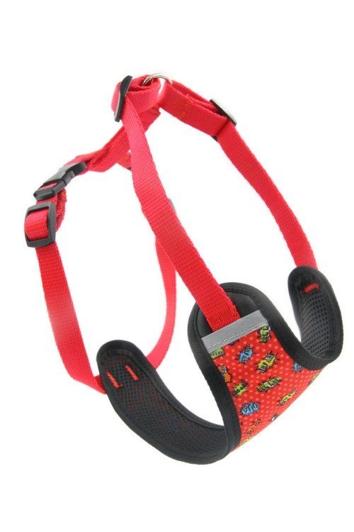 2. Side view of red graffiti dog harness with breathable mesh and nickel-plated fittings