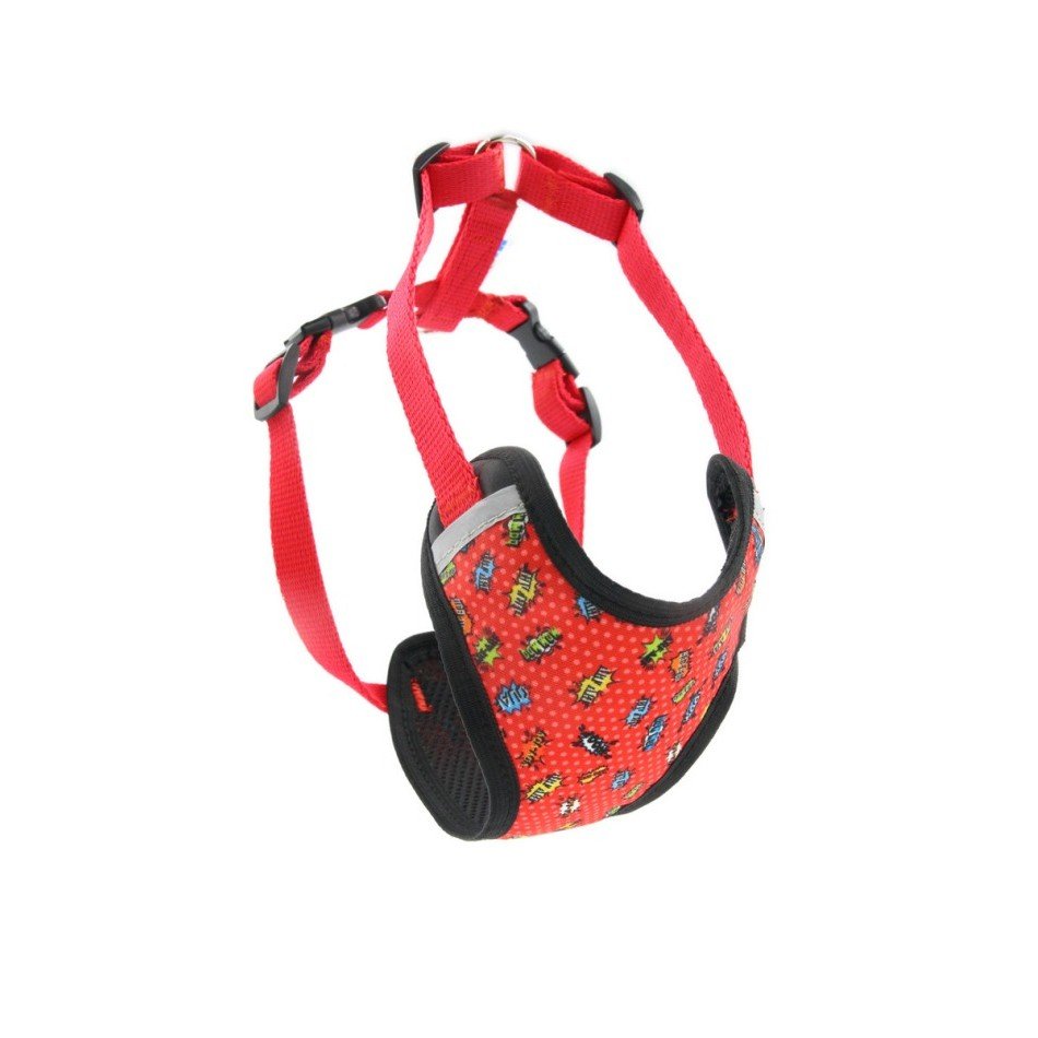 1. Red graffiti dog harness with adjustable straps and reflective elements, shown in a studio setting