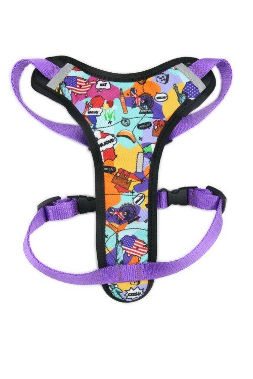 2. Front view of purple dog harness with vibrant print and black mesh, highlighting adjustable straps and nickel-plated fittings