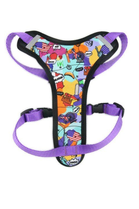 2. Front view of purple dog harness with vibrant print and black mesh, highlighting adjustable straps and nickel-plated fittings