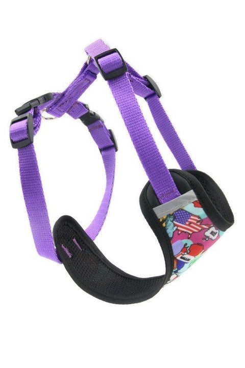 3. Side view of purple dog harness with colorful design and breathable mesh, showcasing adjustable straps and reflective details