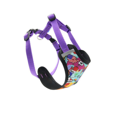 1. Purple dog harness with colorful print and black mesh padding, featuring adjustable straps and reflective elements, shown in studio setting
