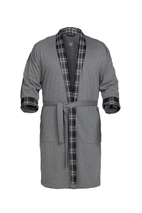 2. Gray 3/4 sleeve flannel-collared robe by Prii with checkered lapels and cuffs, shown on white background