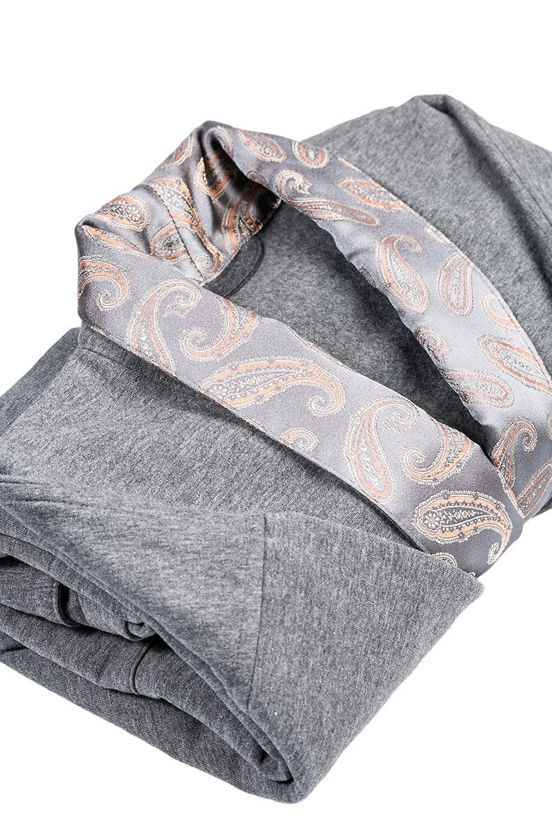 3. Close-up of folded gray robe with silver-gray paisley silk collar and cuffs