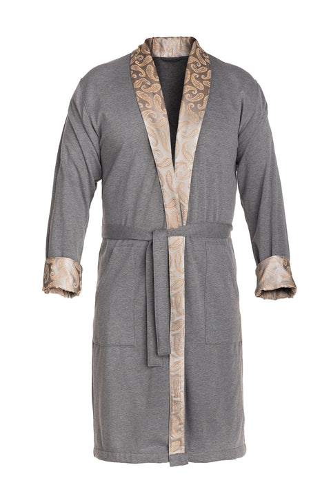 2. Front view of gray robe with silver-gray paisley silk collar and cuffs, showing belt and pockets