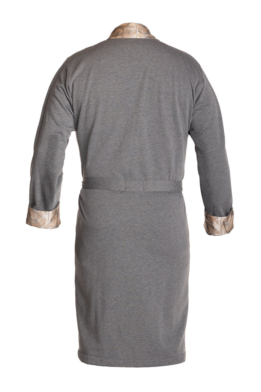 2. Back view of gray robe with silver-gray paisley silk collar and cuffs