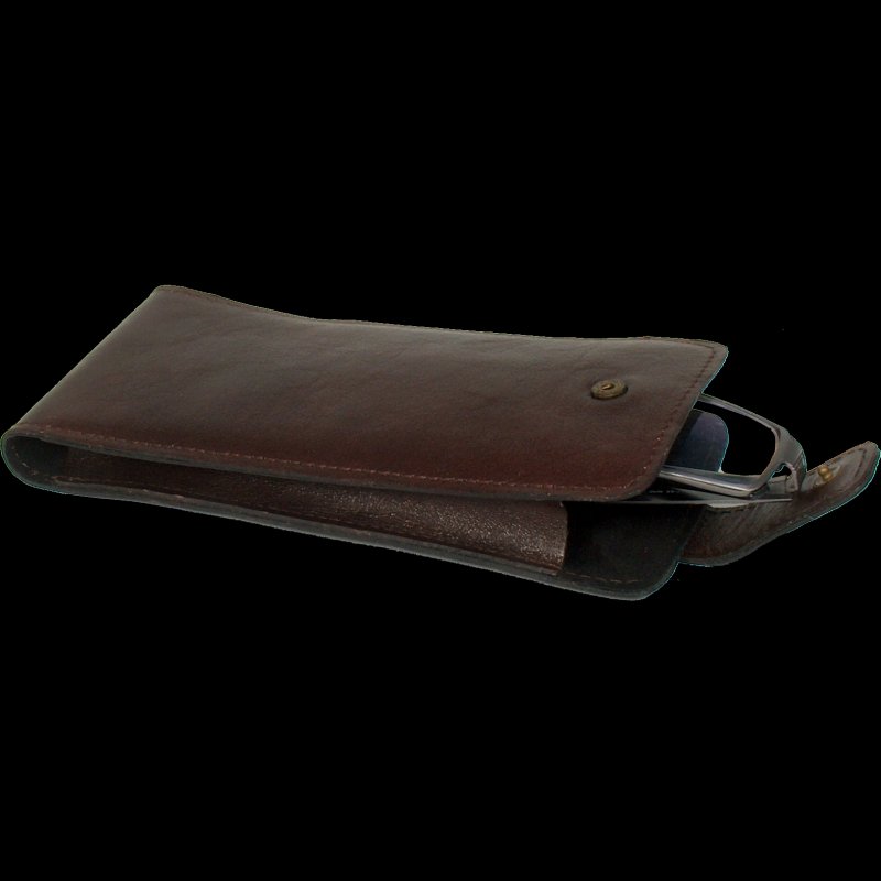 1. Close-up of Papillon leather glasses case with snap fastener, showing glasses partially inside