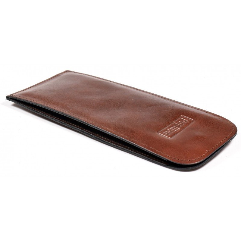 2. Papillon brown leather glasses case with embossed logo, studio shot