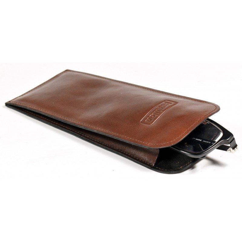 3. Papillon brown leather glasses case with glasses partially inside, studio shot