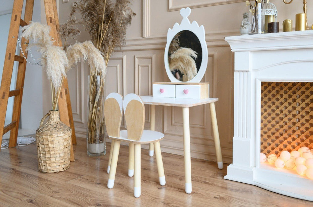1. Princess beauty table with mirror and chair in elegant room setting with fireplace and decorative elements